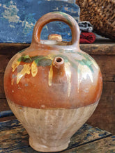 Load image into Gallery viewer, Antique French Cruche Water Jug Rustic Provence Farmhouse country Pottery sitting on blue painted farmhouse chair with a large unpainted Swedish ships trunk behind with a rustic French basket filled with dried roses on top in the Dusty Gems interiors Nantwich shop