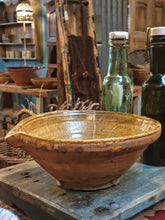 Load image into Gallery viewer, Antique French Terracotta Bowl c. 1700s - Olive Green Glazed Rustic Dairy Bowl