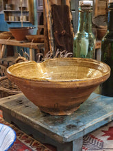 Load image into Gallery viewer, Antique French Terracotta Bowl c. 1700s - Olive Green Glazed Rustic Dairy Bowl