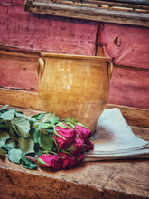 Load image into Gallery viewer, Antique French Confit Pot country  Rustic Farmhouse Pottery 19th century sitting on farmhouse table with red roses and french linen to the front dusty gems interiors nantwich