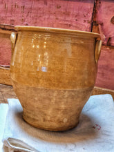 Load image into Gallery viewer, Antique French Confit Pot country  Rustic Farmhouse Pottery 19th century sitting on farmhouse table with red roses and french linen to the front dusty gems interiors nantwich