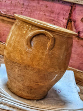 Load image into Gallery viewer, Antique French Confit Pot country  Rustic Farmhouse Pottery 19th century sitting on farmhouse table with red roses and french linen to the front dusty gems interiors nantwich