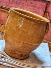 Load image into Gallery viewer, Antique French Confit Pot country  Rustic Farmhouse Pottery 19th century sitting on farmhouse table with red roses and french linen to the front dusty gems interiors nantwich