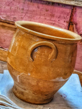 Load image into Gallery viewer, Antique French Confit Pot country  Rustic Farmhouse Pottery 19th century sitting on farmhouse table with red roses and french linen to the front dusty gems interiors nantwich