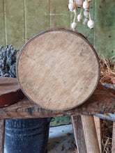 Load image into Gallery viewer, Antique German apothecary jar (brown with maroon stripes) on a rustic stool. It is styled with a black bucket of lavender and a vineyard basket against a sage green planked door.
