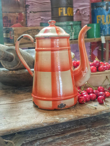 Vintage French Enamel Coffee Pot – Cream & Red Check, Country Kitchen Style