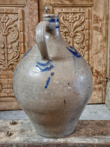 Antique French Betschdorf Flagon – Large 19th Century Salt Glazed Flagon with Blue Floral Detail