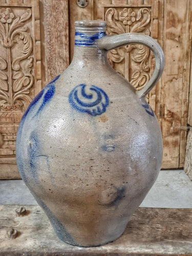 Antique French Betschdorf Flagon – Large 19th Century Salt Glazed Flagon with Blue Floral Detail