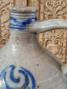 Antique French Betschdorf Flagon – Large 19th Century Salt Glazed Flagon with Blue Floral Detail