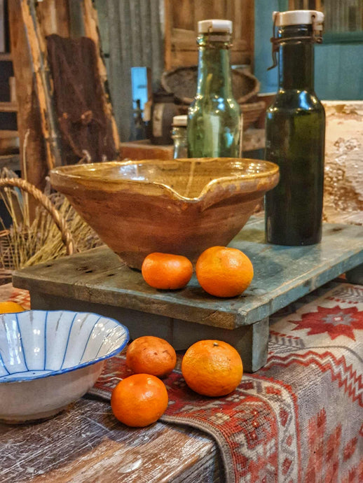 Antique French Terracotta Bowl c. 1700s - Olive Green Glazed Rustic Dairy Bowl