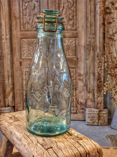 Antique La Lorraine Aqua Glass Storage Bottle - 1890s Rustic Farmhouse