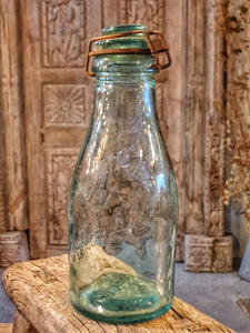 Antique La Lorraine Aqua Glass Storage Bottle - 1890s Rustic Farmhouse