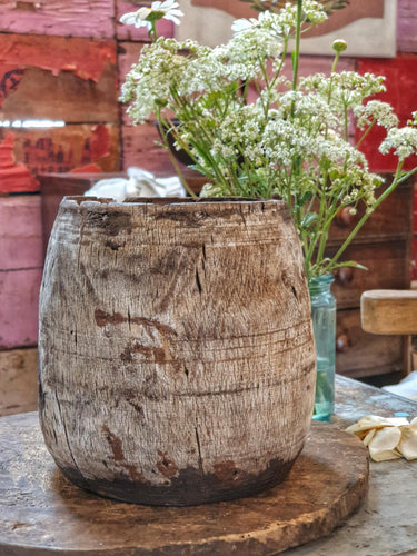 Antique Himachal Milk Pot – Rustic Neem Wood Utility Vessel with Whitewash Patina