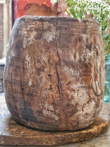 Antique Himachal Milk Pot – Rustic Neem Wood Utility Vessel with Whitewash Patina