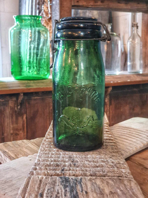 Antique French LA LORRAINE Emerald Green Glass Canning Jar