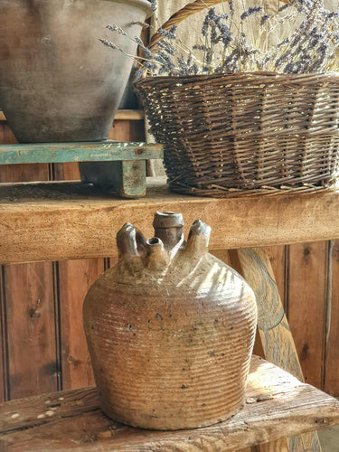 Rustic Antique French Walnut Oil Jar - 18th/19th Century Farmhouse Pottery