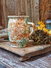 Load image into Gallery viewer, 19th Century French Jaspe Milk Jug – Rustic Pyrenean Pottery with Green Splatter Glaze