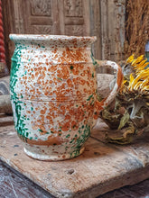 Load image into Gallery viewer, 19th Century French Jaspe Milk Jug – Rustic Pyrenean Pottery with Green Splatter Glaze