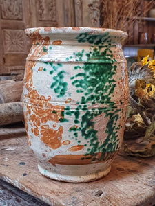 19th Century French Jaspe Milk Jug – Rustic Pyrenean Pottery with Green Splatter Glaze