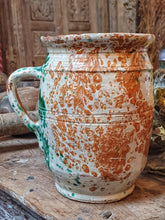 Load image into Gallery viewer, 19th Century French Jaspe Milk Jug – Rustic Pyrenean Pottery with Green Splatter Glaze