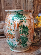 Load image into Gallery viewer, 19th Century French Jaspe Milk Jug – Rustic Pyrenean Pottery with Green Splatter Glaze
