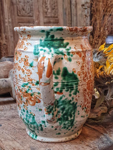 19th Century French Jaspe Milk Jug – Rustic Pyrenean Pottery with Green Splatter Glaze