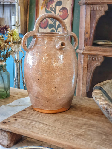 Antique 19th Century French Cruche with Rare Pink Glaze – Rustic South West France Pottery – Early Farmhouse Water Jar