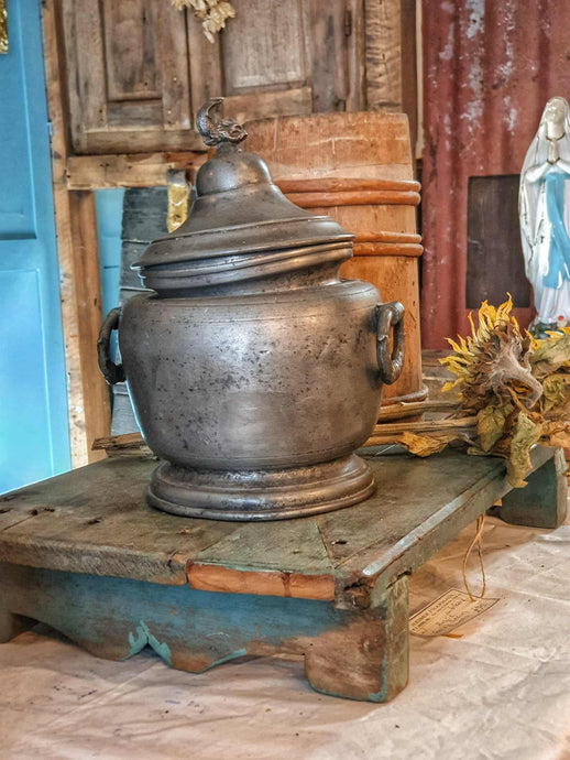Rustic Antique French 19th Century Pewter Tureen With A Delightful Dolphin Finial.