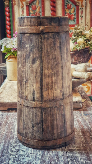 Large 19th-Century Swedish Farmhouse Birch Butter Bucket with Apotropaic Mark