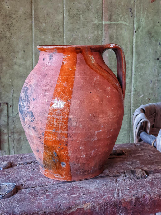 19th-Century French Terracotta Jug with Dribble Glaze