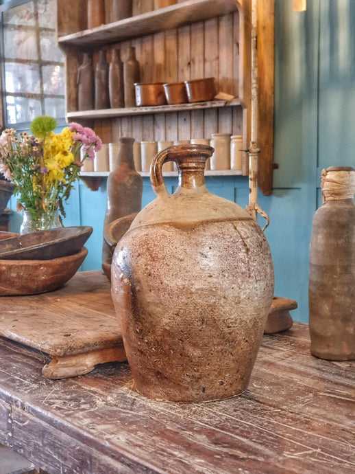 Antique French Walnut Oil Jar – Primitive Country Terracotta Pot with Brown Dribble Glaze