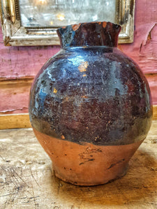 Antique Welsh Buckley Black Pottery Jug Rustic vernacular North wales flintshire jug sitting ontop of swedish painted marrage chest with french vintage linen in the background on french farmhouse rustic shelving in the dusty Gems interiors shop