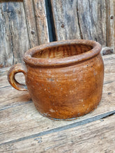 Load image into Gallery viewer, Antique French country pottery Confit or Rillette pot on french farmhouse table Honey toffee glaze french rustic pottery 