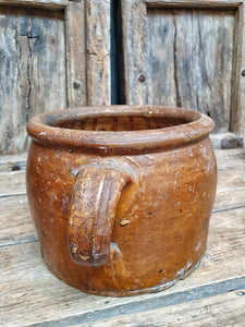 Antique French country pottery Confit or Rillette pot on french farmhouse table Honey toffee glaze french rustic pottery