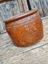 Load image into Gallery viewer, Antique French country pottery Confit or Rillette pot on french farmhouse table Honey toffee glaze french rustic pottery
