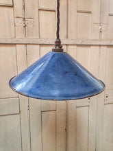 Load image into Gallery viewer, Vintage French country kitchen Blue Enamel Pendant Light with brown 3 core braided flex in french country kitchen period lighting dusty gems interiors nantwich  