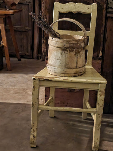Antique Rustic French Farmhouse Wooden Painted Bucket Primitive Pail white washed chippy worn white paint sitting on a Swedish 19th century painted farmhouse country chair Dusty Gems Interiors Nantwich antiques french country 