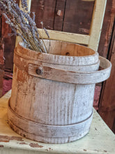 Load image into Gallery viewer, Antique Rustic French Farmhouse Wooden Painted Bucket Primitive Pail white washed chippy worn white paint sitting on a Swedish 19th century painted farmhouse country chair Dusty Gems Interiors Nantwich antiques french country