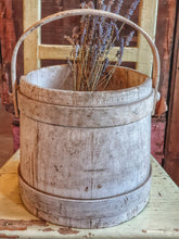 Load image into Gallery viewer, Antique Rustic French Farmhouse Wooden Painted Bucket Primitive Pail white washed chippy worn white paint sitting on a Swedish 19th century painted farmhouse country chair Dusty Gems Interiors Nantwich antiques french country