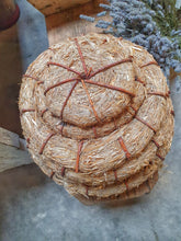 Load image into Gallery viewer, Traditional French Country Bee Skep Rustic Primitive Farmhouse sitting on antique french farmhouse bench with a bucket of cut lavender in a vintage tin rivited bucket . french farmhouse cutting boards and chopping board in the back ground. Dusty gems Interiors Nantwich