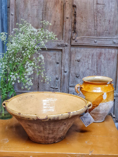 Antique French Country  Confit pot 19th century Rustic Farmhouse mustard glaze  wabi sabi dusty gems interiors nantwich 