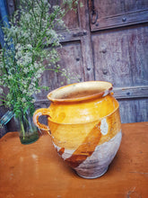 Load image into Gallery viewer, Antique French Country  Confit pot 19th century Rustic Farmhouse mustard glaze  wabi sabi dusty gems interiors nantwich 