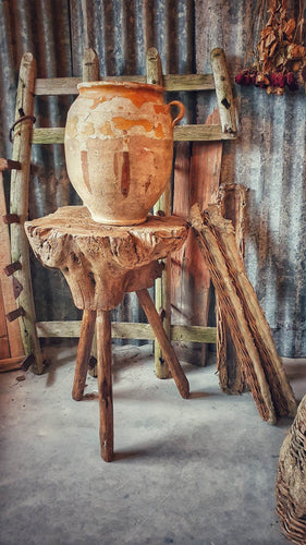 Antique French 19th Century Confit Pot Rustic Farmhouse sitting on large rustic Hungarian chopping block in the Dusty Gems interiors shop 