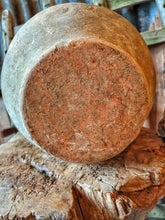Load image into Gallery viewer, Antique French 19th Century Confit Pot Rustic Farmhouse sitting on large rustic Hungarian chopping block in the Dusty Gems interiors shop