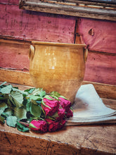 Load image into Gallery viewer, Antique French Confit Pot country  Rustic Farmhouse Pottery 19th century sitting on farmhouse table with red roses and french linen to the front dusty gems interiors nantwich 
