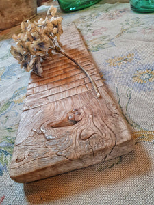 Antique Elm Wash Board Rustic Cutting Board Trivet French country  sitting on antique frnch hand blocked Linen dusty gems interiors nantwich 