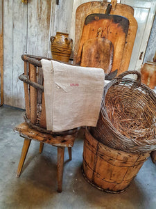 Antique French Country Linen Grain Sack Harvest french vinyard basket vintage french linen matrial textile cloth french country interior confit pot and french chopping board primitive home kitchen flour sack dusty gems interiors nantwich