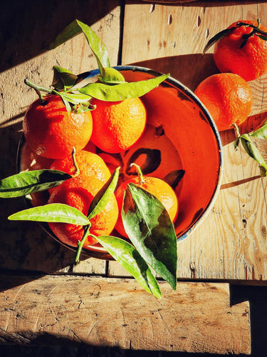 Antique French Country Rustic Farmhouse Decorated Jaspe Pottery Bowl with Oranges sitting in sunlight on antique french workbench rustic french farmhouse style Dusty Gems Interiors Nantwich 