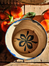 Load image into Gallery viewer, Antique French Country Rustic Farmhouse Decorated Jaspe Pottery Bowl with Oranges sitting in sunlight on antique french workbench rustic french farmhouse style Dusty Gems Interiors Nantwich