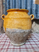 Load image into Gallery viewer, Antique French Country Confit Pot Rustic Farmhouse storage Jar 19th century mustard yellow and Terracotta sitting on antique french linen checked textile. dusty gems interiors nantwich